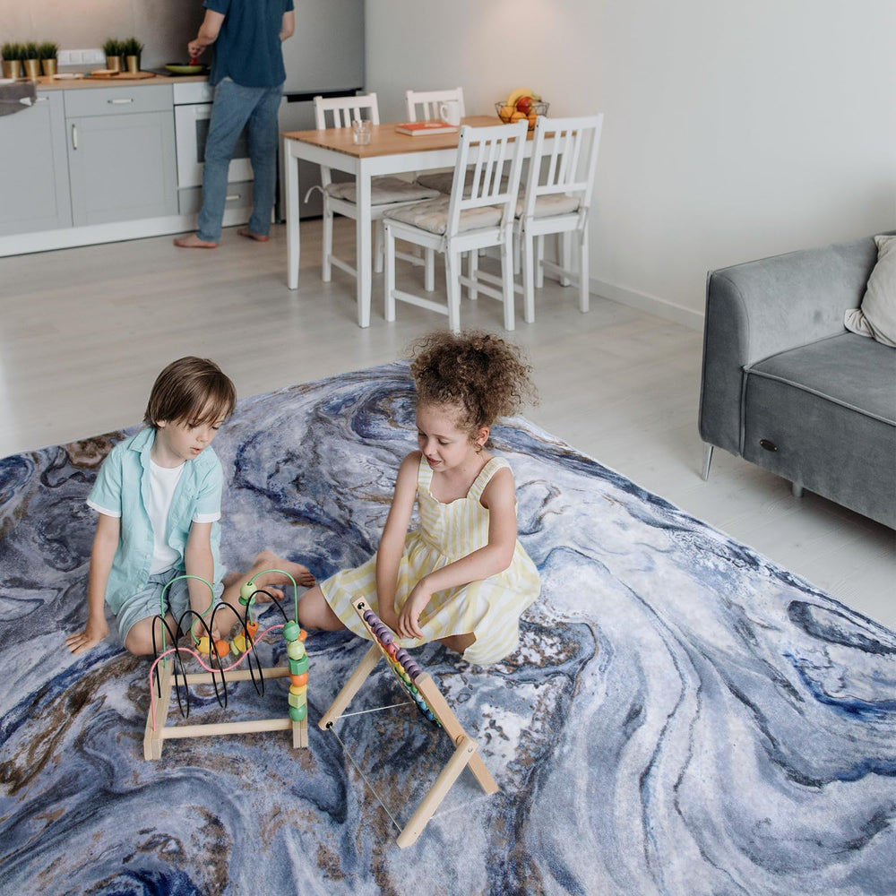 PADOOR Abstract 9'x12' Area Rug, Washable Non-Slip Low Pile, Marble Blue