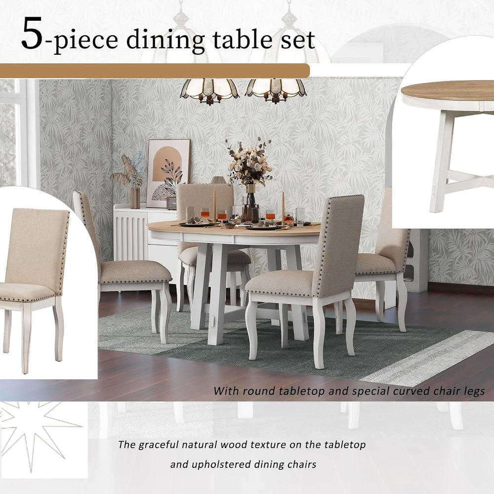 Merax Farmhouse Dining Table Set - 5-Piece Wood Round Extendable Table and 4 ...