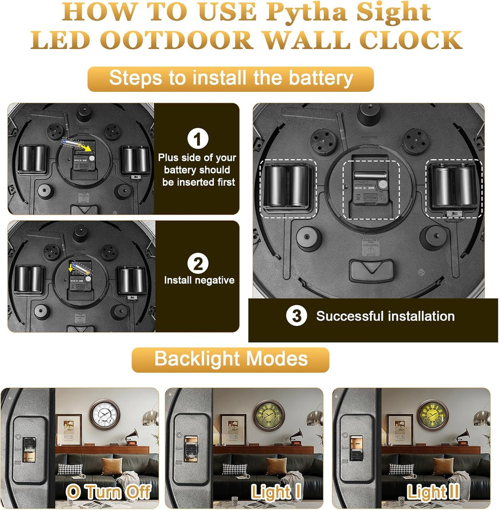 Pytha Sight 15 Inch Metal Illuminated Outdoor Clocks for Patio Waterproof
