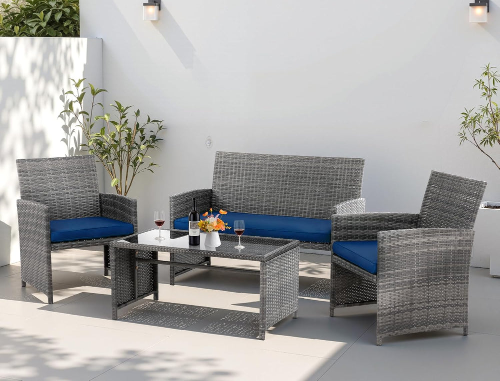 4 Piece Patio Ratten Set Outdoor Furniture Set Wicker Conversation Set with C...