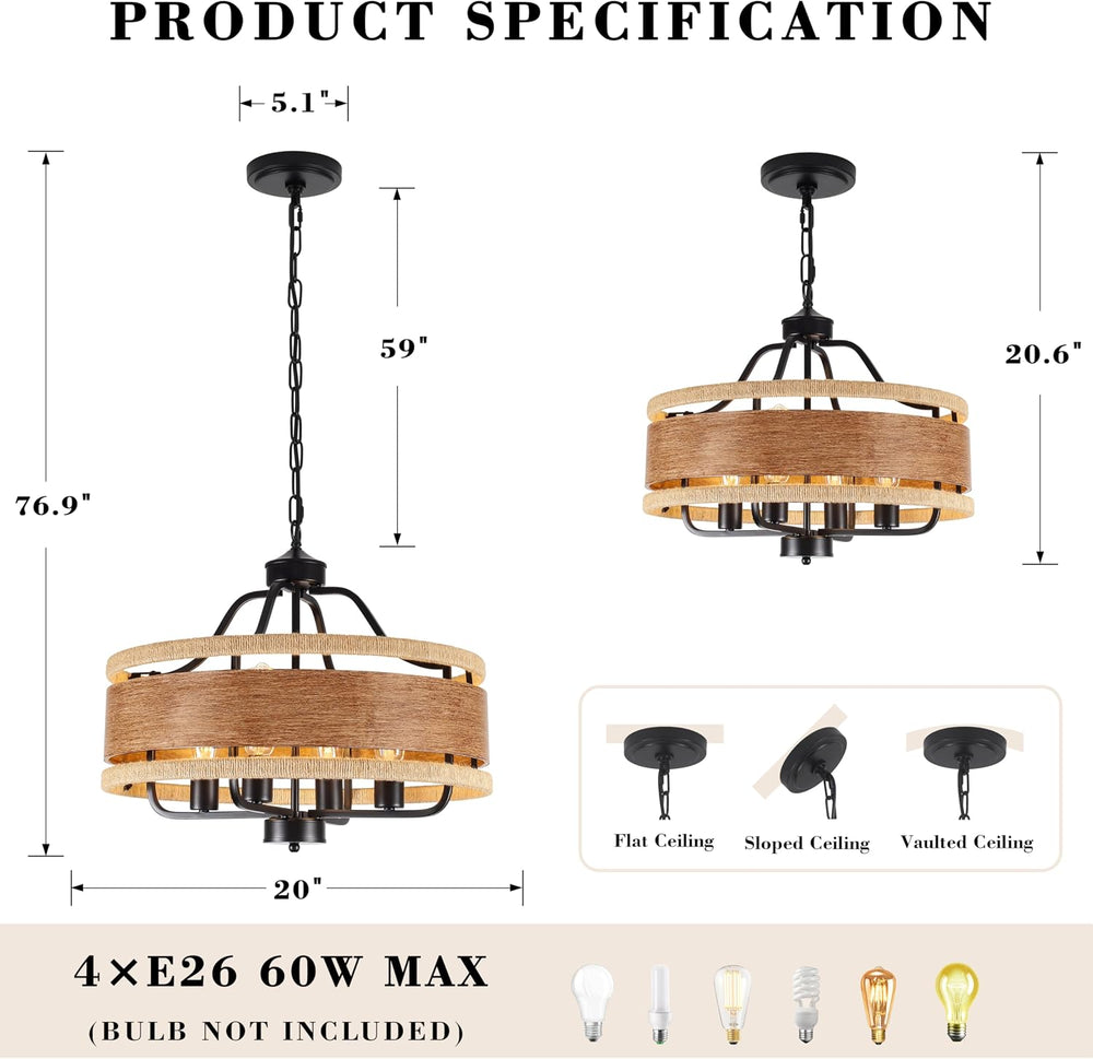 4-Light Farmhouse Chandelier 20" Wood Texture Woven Rattan Chandeliers