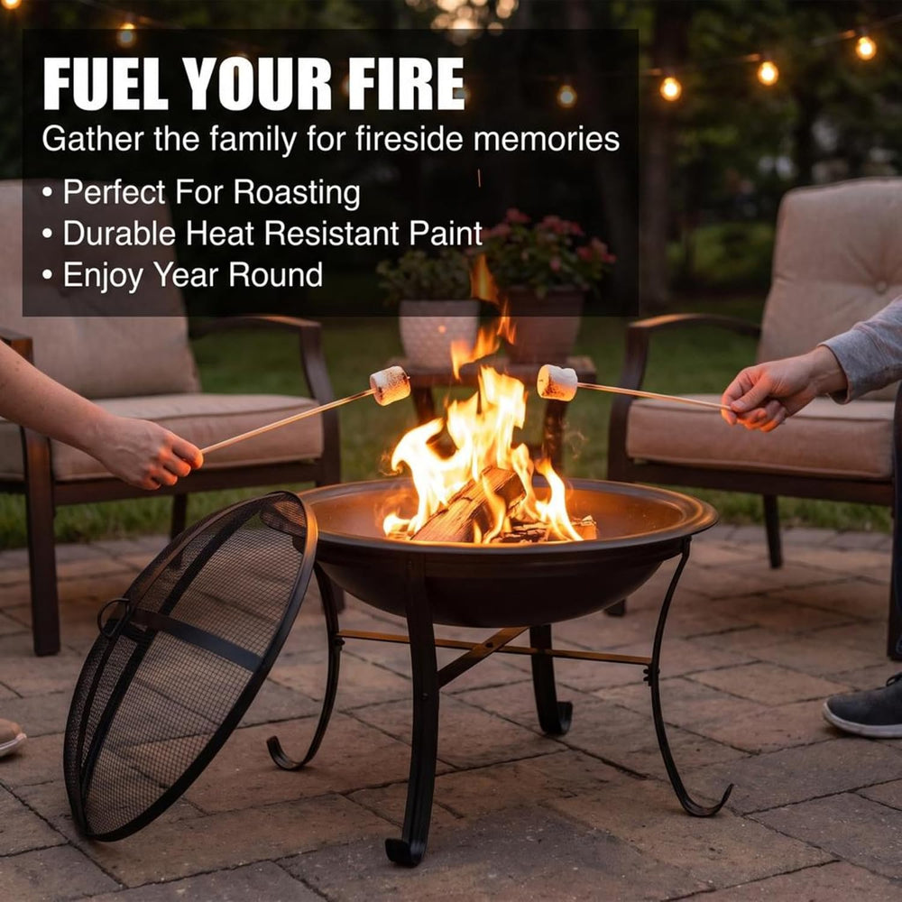 Gas One 22 in Outdoor– Wood Burning Fire Pit with Mesh Lid and Fire Picker – ...