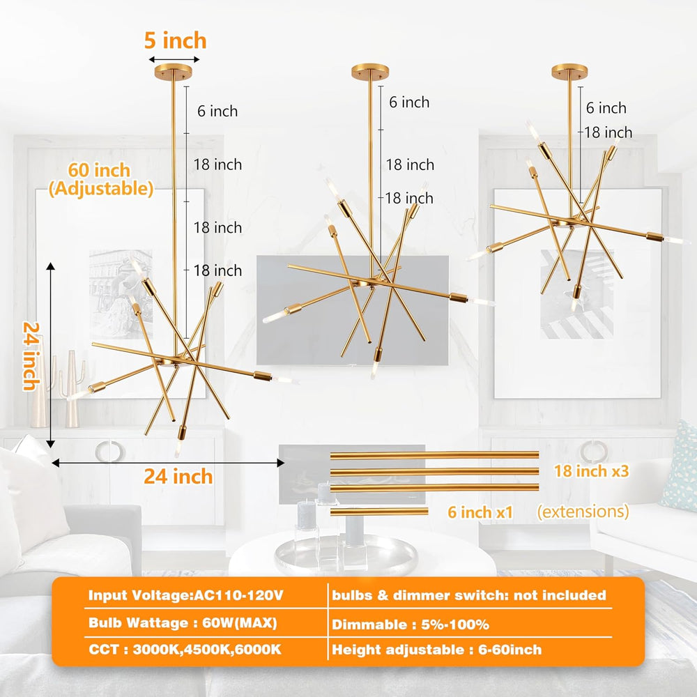 Modern 6-Lights Gold Sputnik Chandelier Dimmable Adjustable Height Contempora...