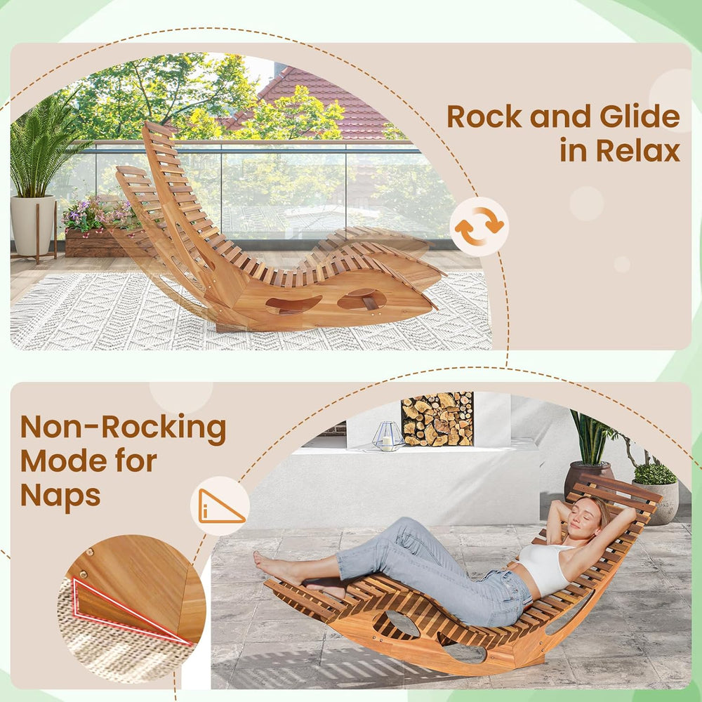 HAPPYGRILL Outdoor Acacia Wood Chaise Lounge, Rocking Chair with High Back, S...
