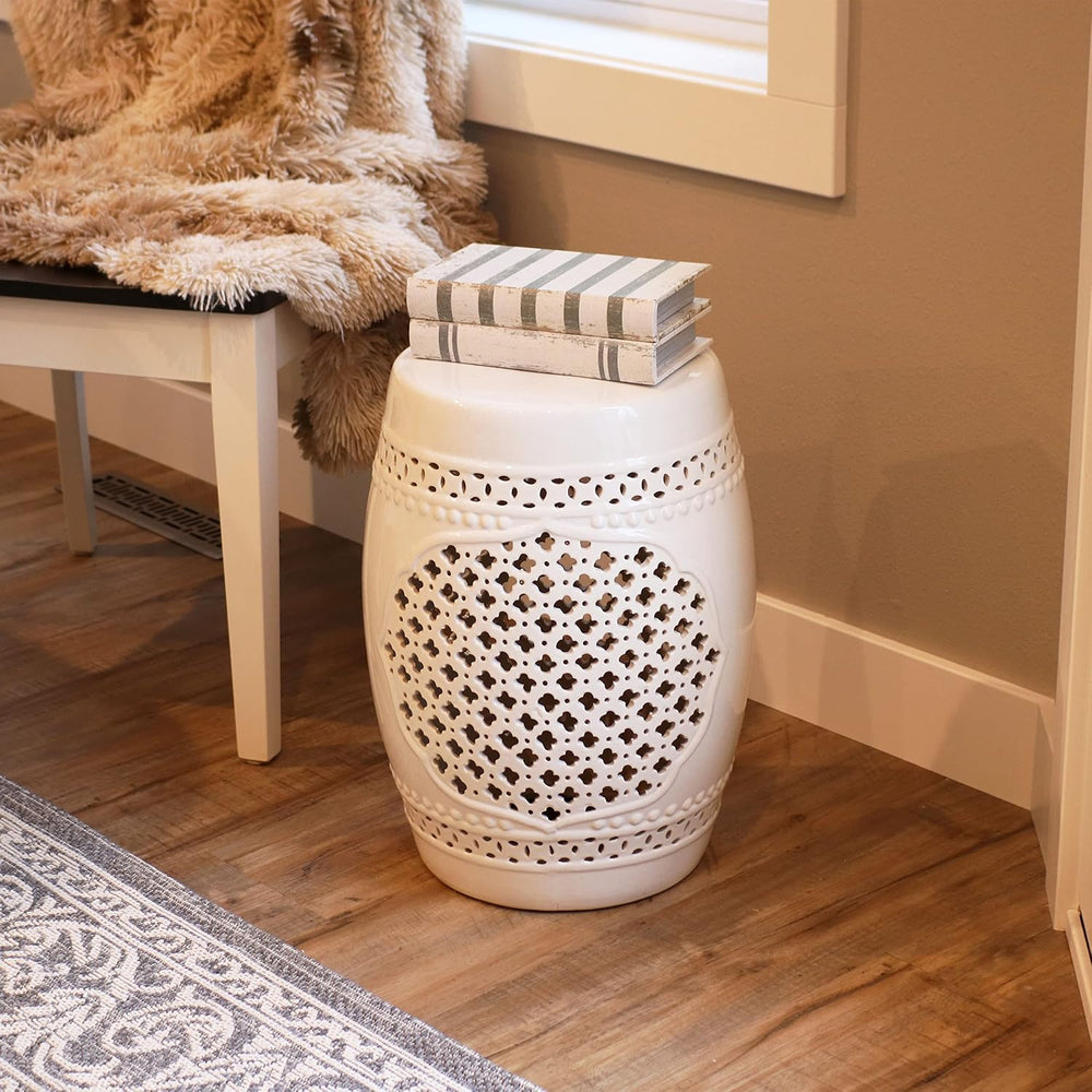 Sunnydaze Marrakesh Ceramic Garden Stool Side Table - White