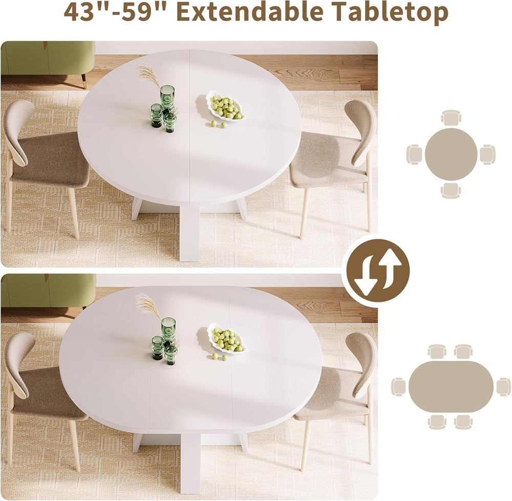 iPormis 43.3in-59in Extendable Round Dining Table for 4-6, Modern Wooden Kitc...