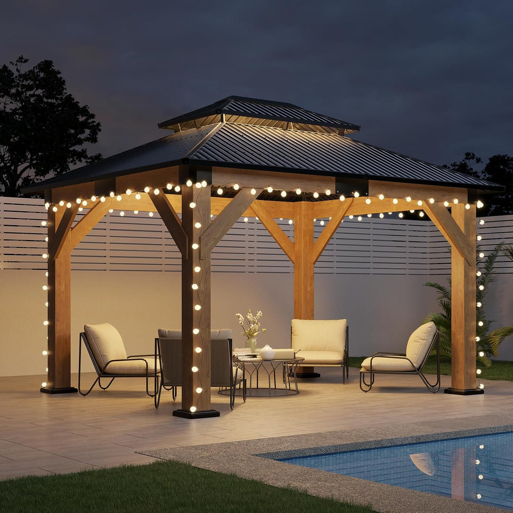AMERLIFE 10x12 Wood Gazebo, Hardtop Gazebo with Spruce Frame and Double Metal...