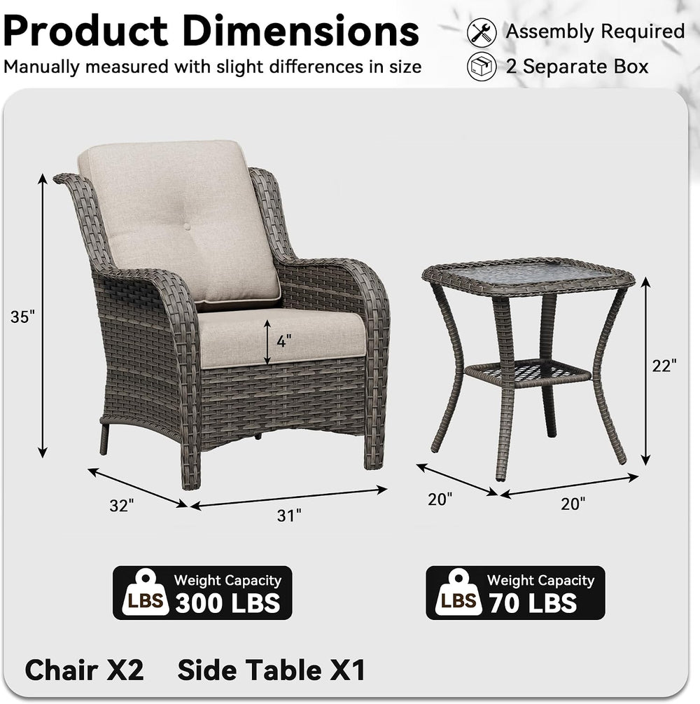 3 Pieces Outdoor Wicker Patio Furniture Set - Patio Chairs Set with Thickened...