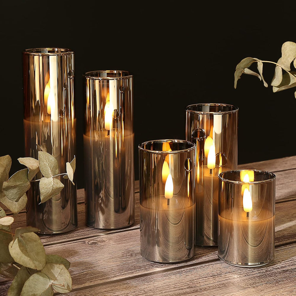 Eywamage Grey Glass Flameless Pillar Candles with Remote Batteries Set of 5