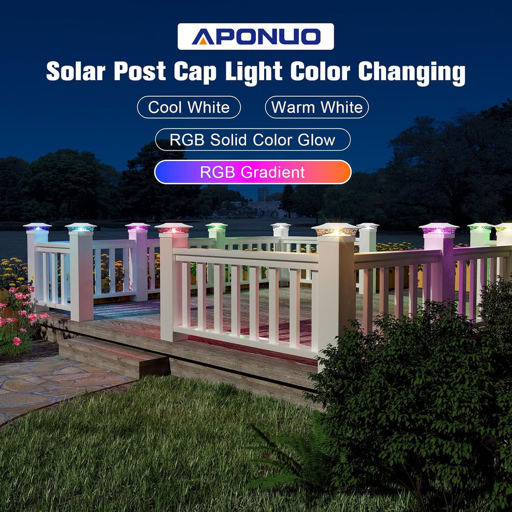 APONUO Solar Post Cap Lights with 8 RGB Solid Colors & Multicolor Flow - ...