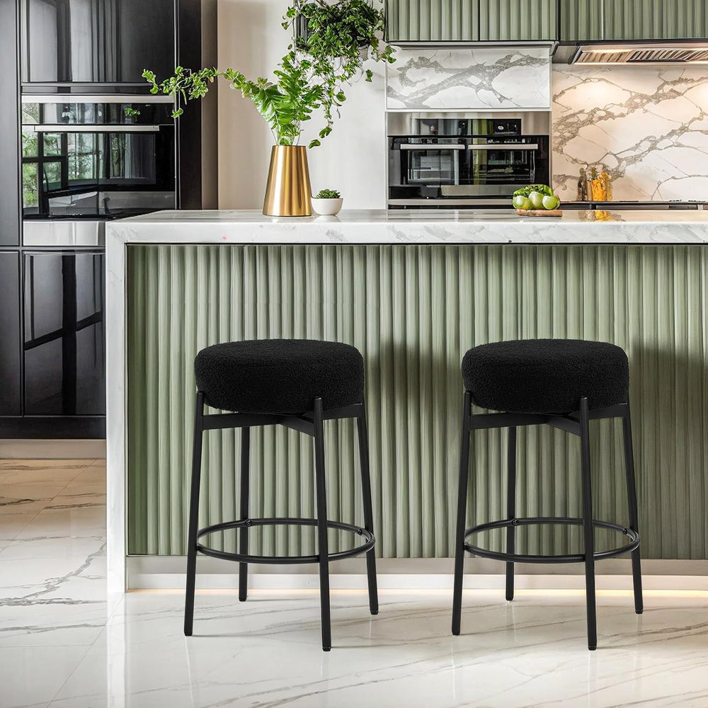 VINGLI Swivel Round Barstools 24" H Set of 2, Teddy Wool Upholstered Bar...