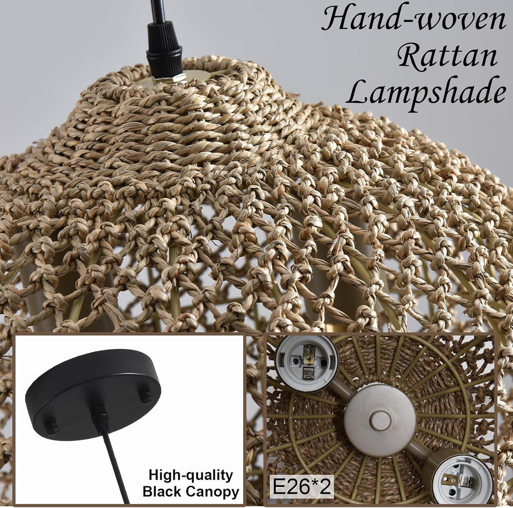Boho Rattan Pendant Light Fixture 13.79" 2-Light Wicker Lights