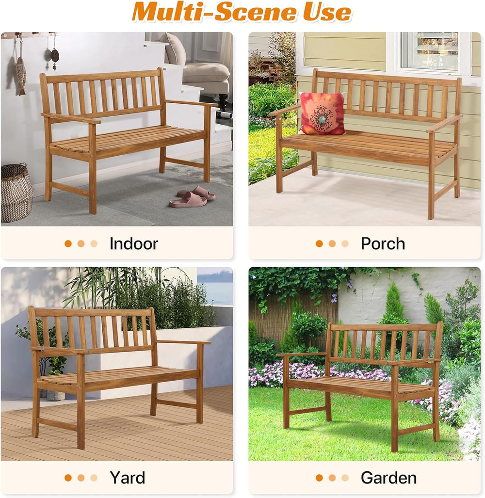 Dkeli Patio Wood Bench Park Garden Outdoor Bench with Armrests Sturdy Acacia ...