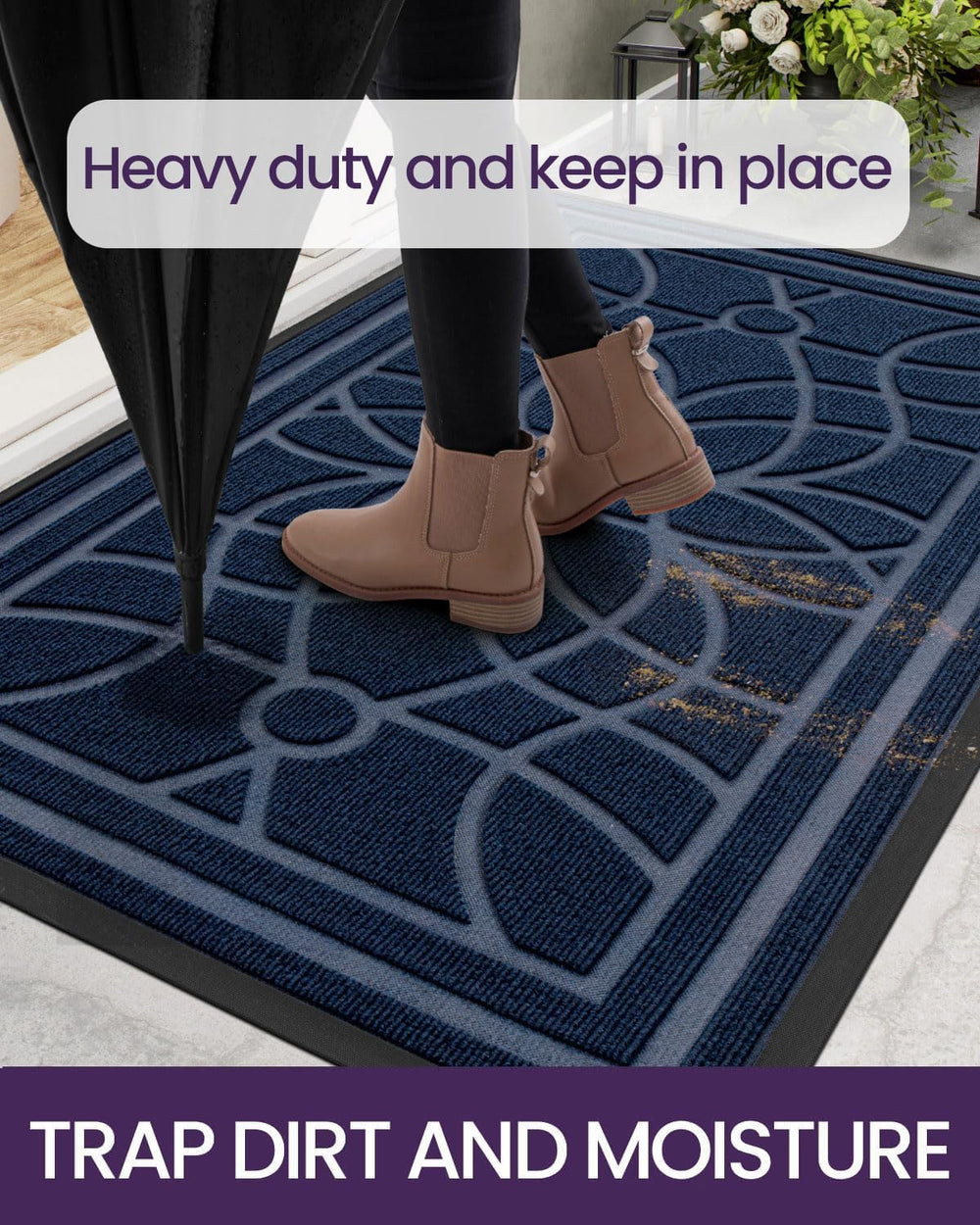 DEXI Front Door Mat Outside Entrance 24x36, Heavy Duty Non Slip, Blue