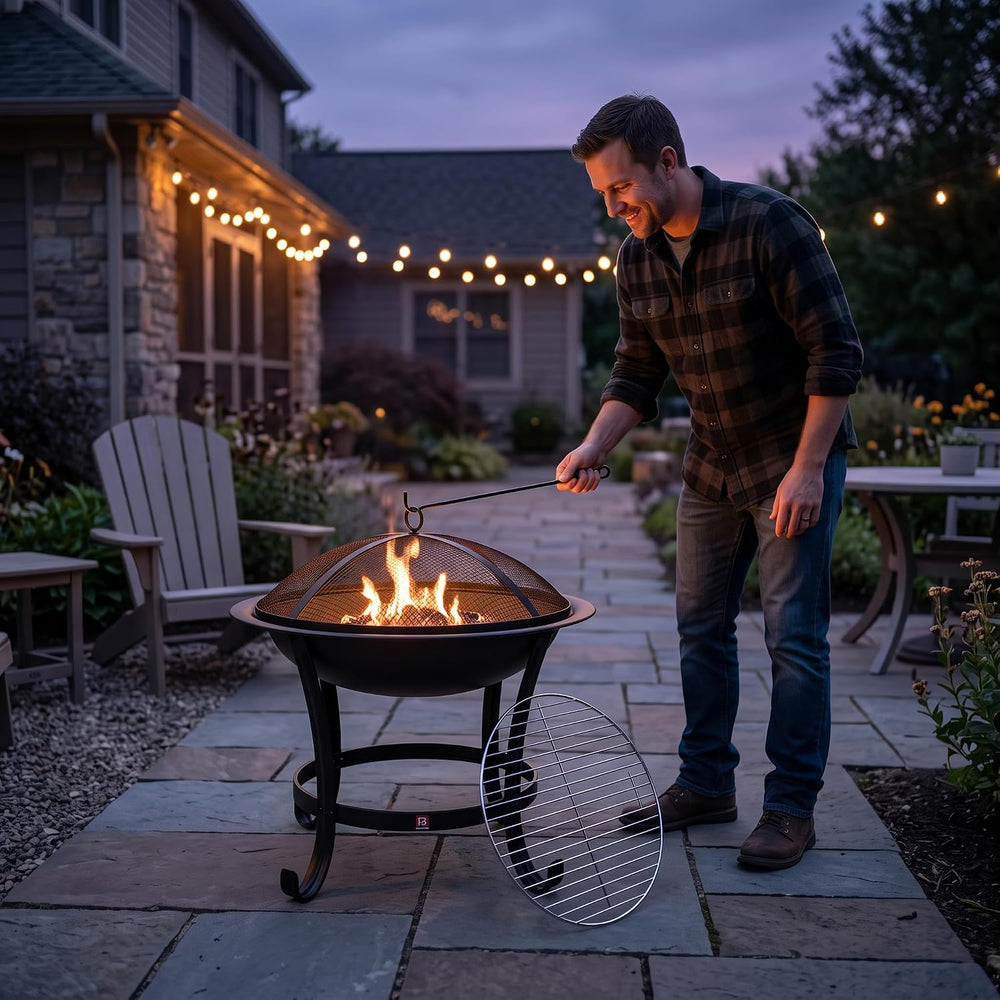 Fire Beauty 22" Wood Burning Fire Pit with 2-in-1 BBQ Grill & Spark ...