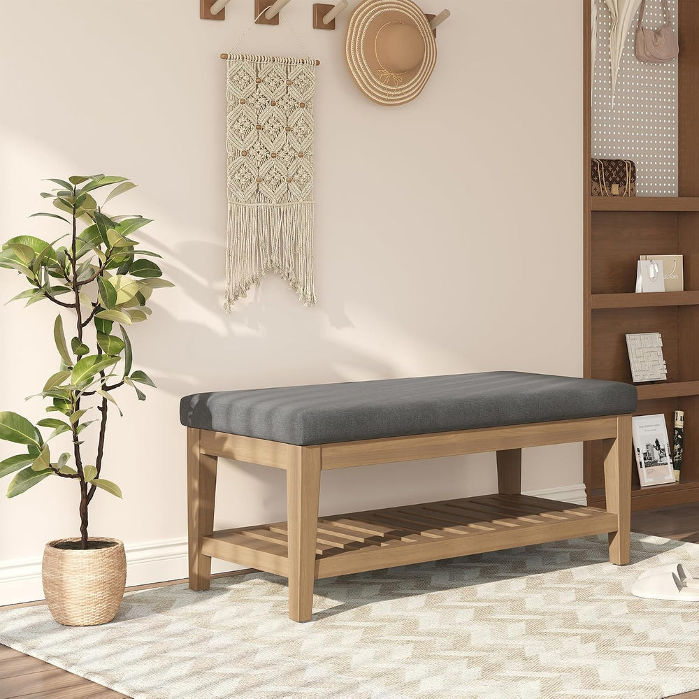 Apicizon 45" Shoe Rack Bench with Upholstered Cushion, Solid Rubberwood ...