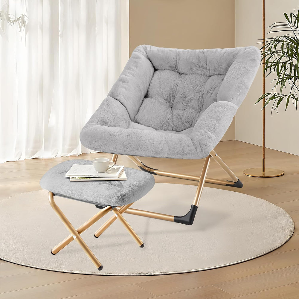 Youtanic Comfy Oversized Saucer Chair with Ottoman,Soft Faux Fur Reading Loun...