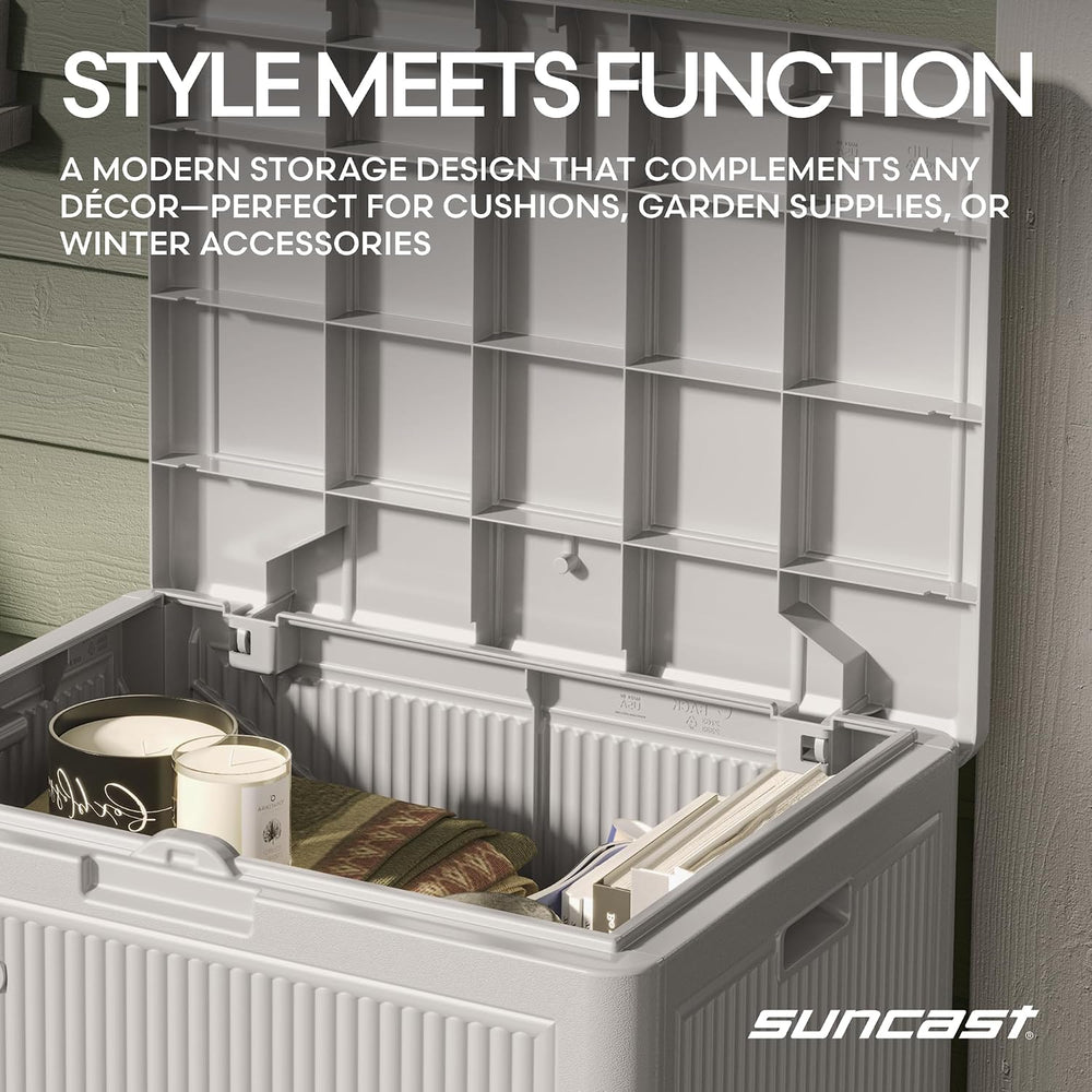 Suncast 22 Gal, Small Outdoor Storage Deck Box, Resin Reeded, French Gray