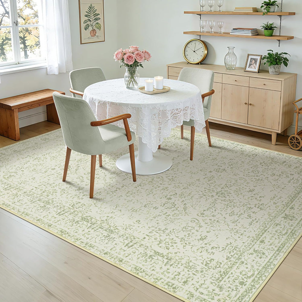 Light Green Area Rug 6x9 Floral Print Washable Throw Rugs for Living Room