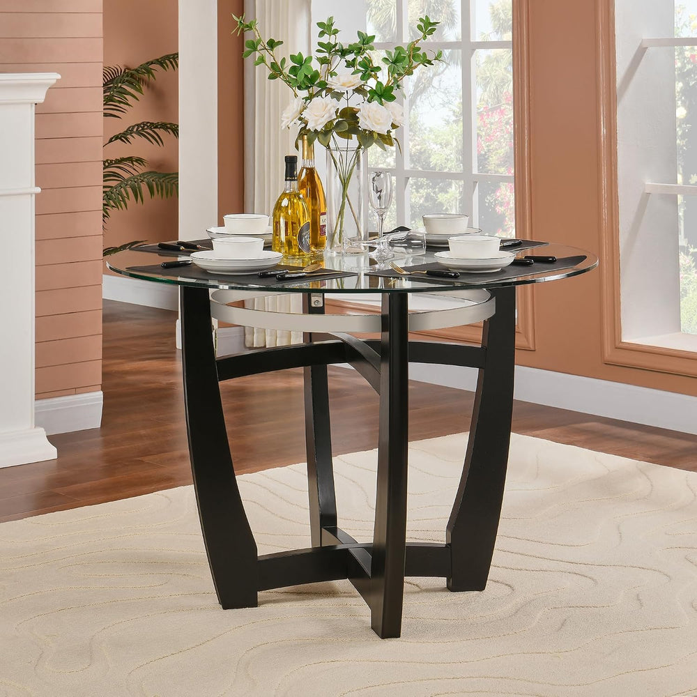 PADMA HOUSE 45" Inch Round Glass Top Dining Table with Solid Wood Base,1...
