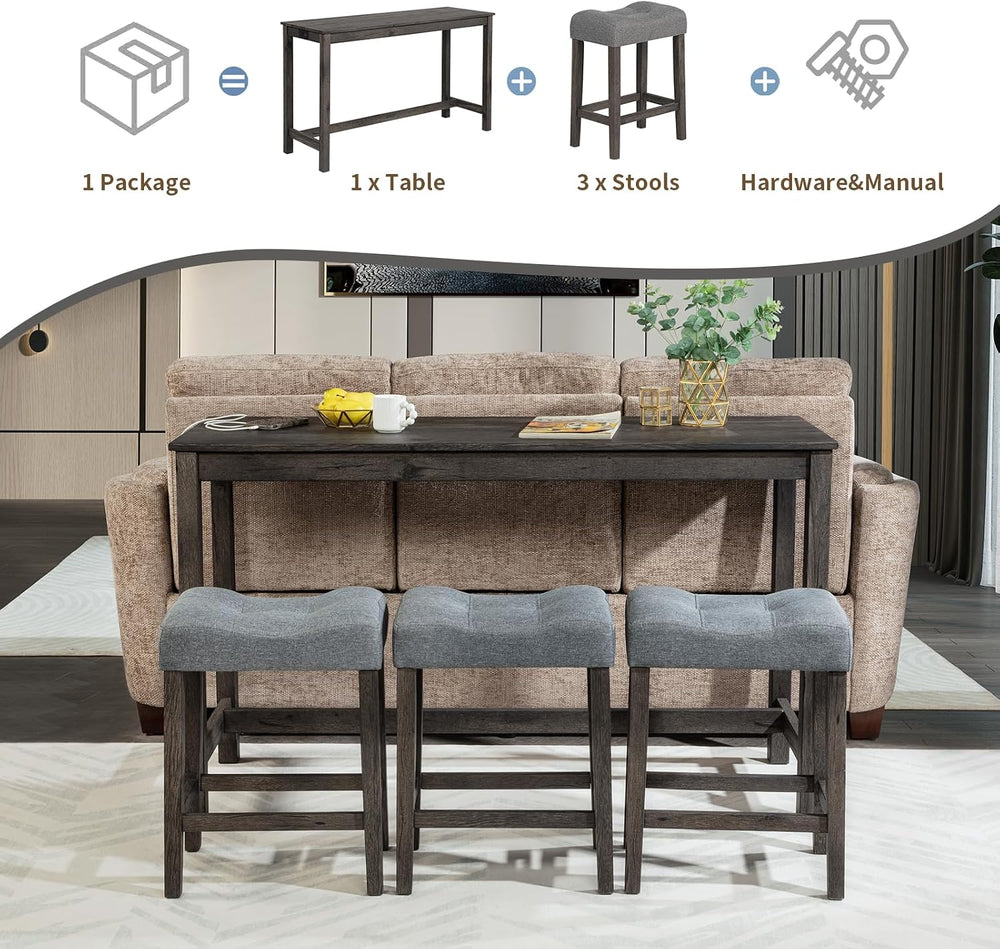 59" Counter Height Bar Table Set with Power Outlet, Industrial Breakfast...