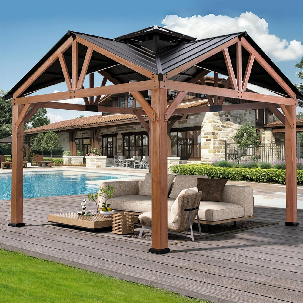 Modern Shade Cedar Wood Gazebo 12’ x 12’, Heavy Duty Hardtop Gazebo with Stee...