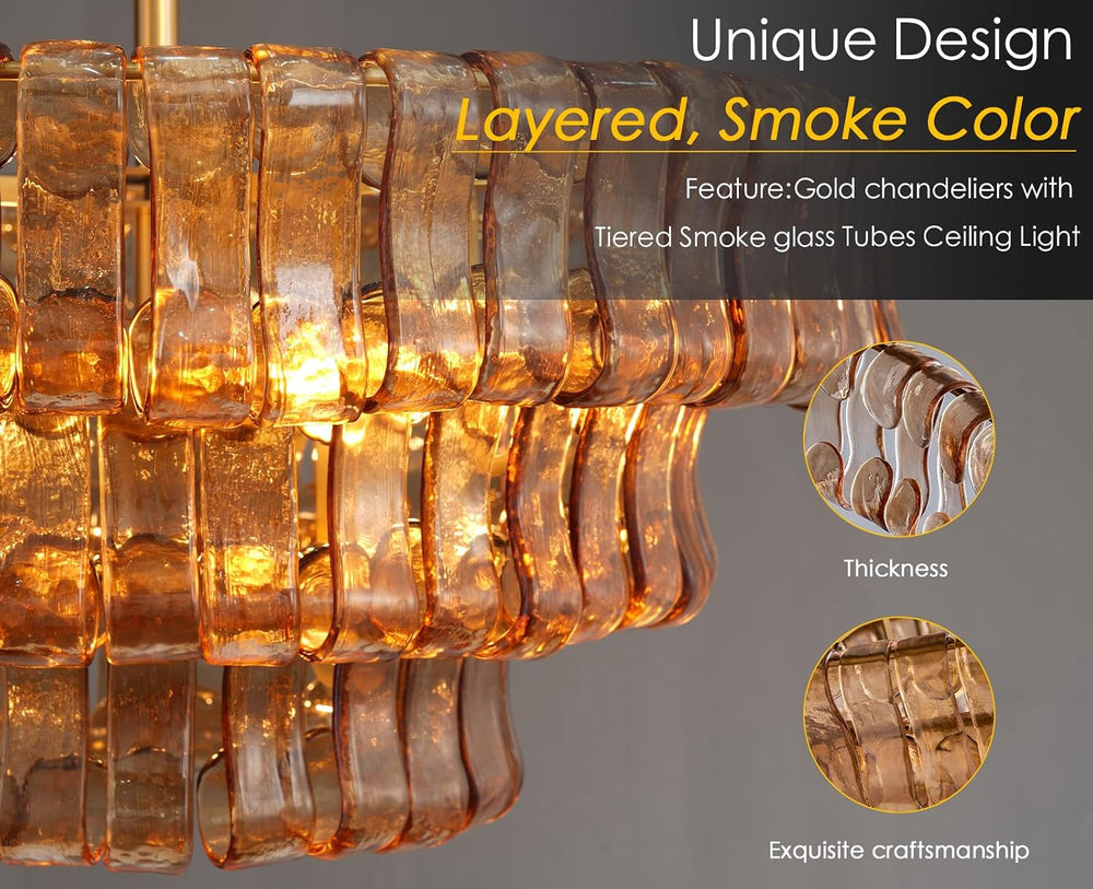 YIOSI Modern Amber Glass Chandelier，23" Gold Round Chandelier for Dining...