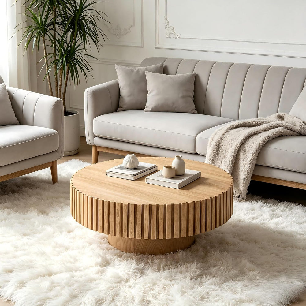 KEVINSPACE Round Coffee Table, 39" Big Wooden Fluted Coffee Table with F...