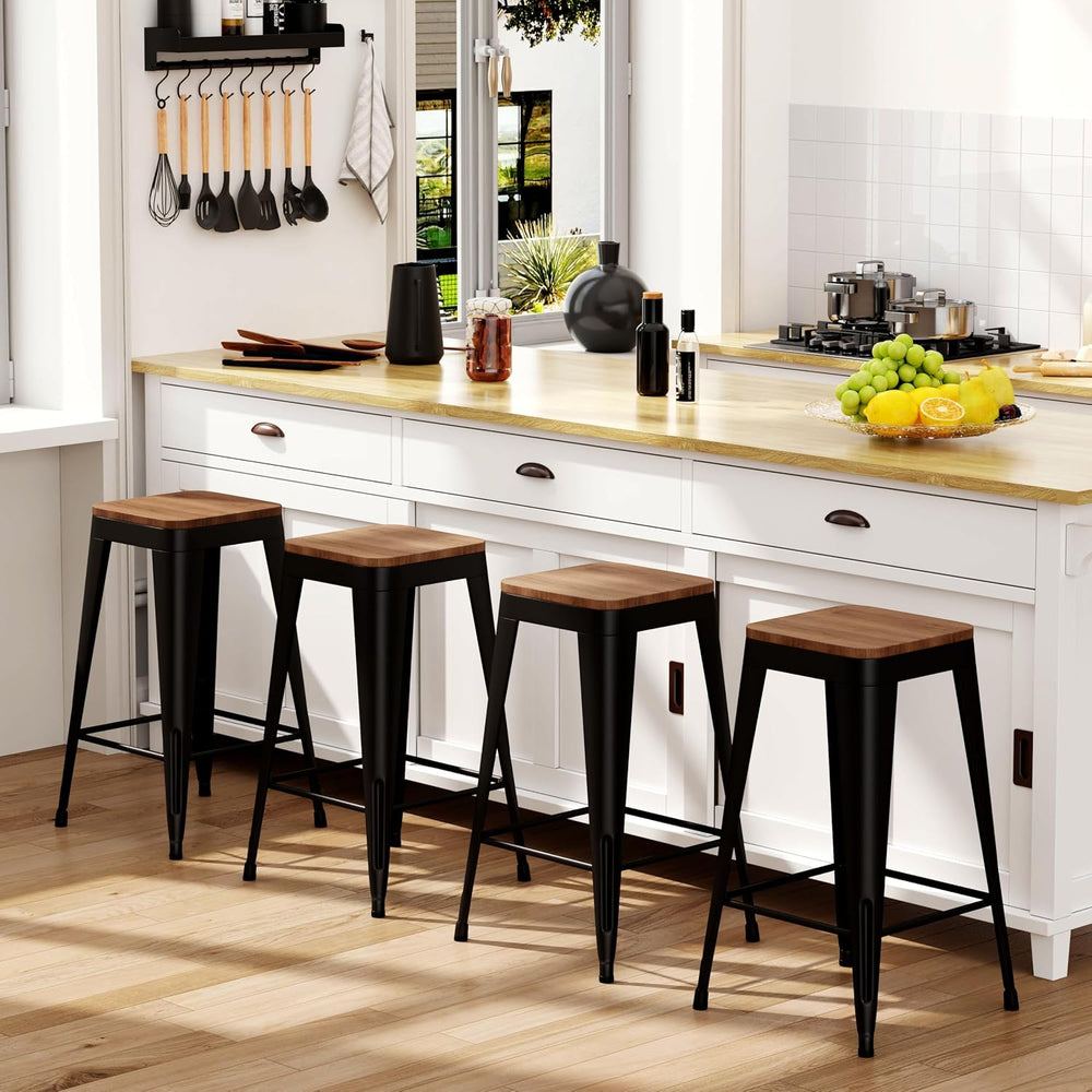 24" Metal Bar Stools Set of 4 Black Counter Height Stools with Wood Seat...