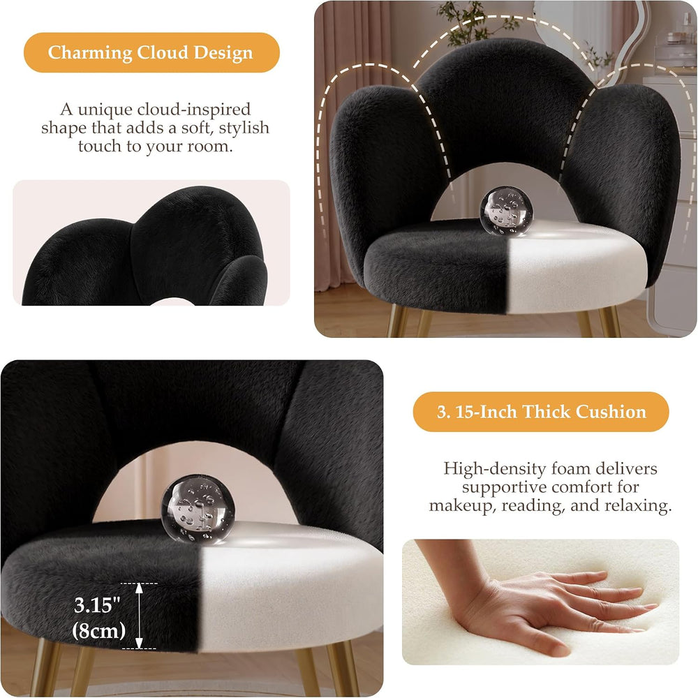 Fluffy Vanity Chair with Back, Makeup Chair with Gold Legs, Black