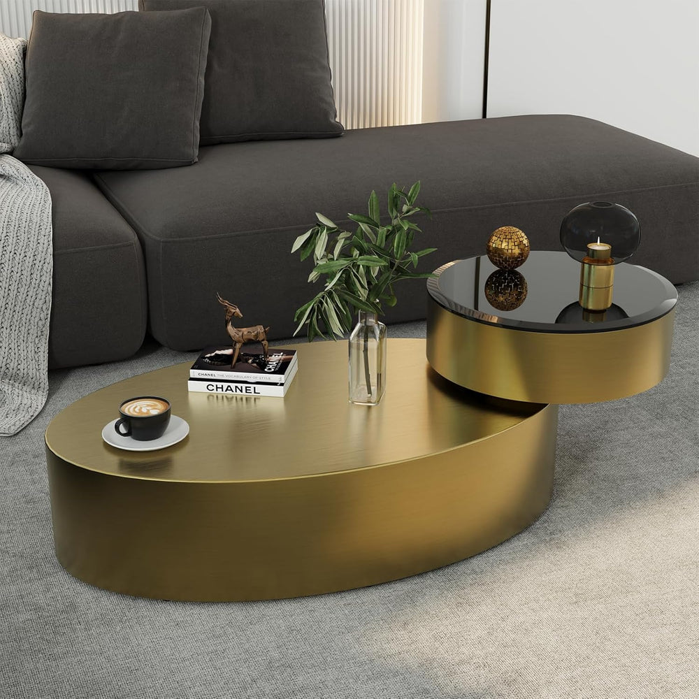 Oval Rotating Coffee Table with Tempered Glass Top, 2-Tier Design & 360° ...