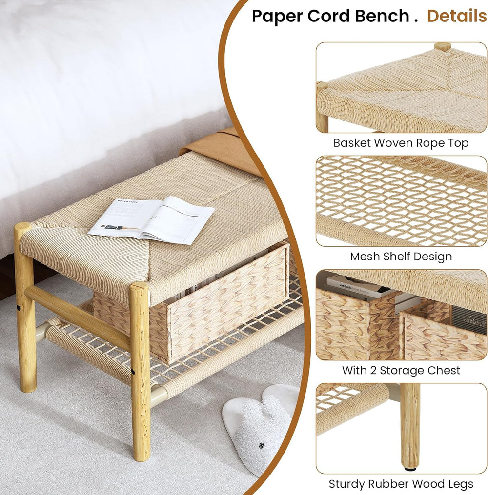 Recaceik Indoor Entryway Bench with Paper Cord Ottoman & Grid Storage Rac...