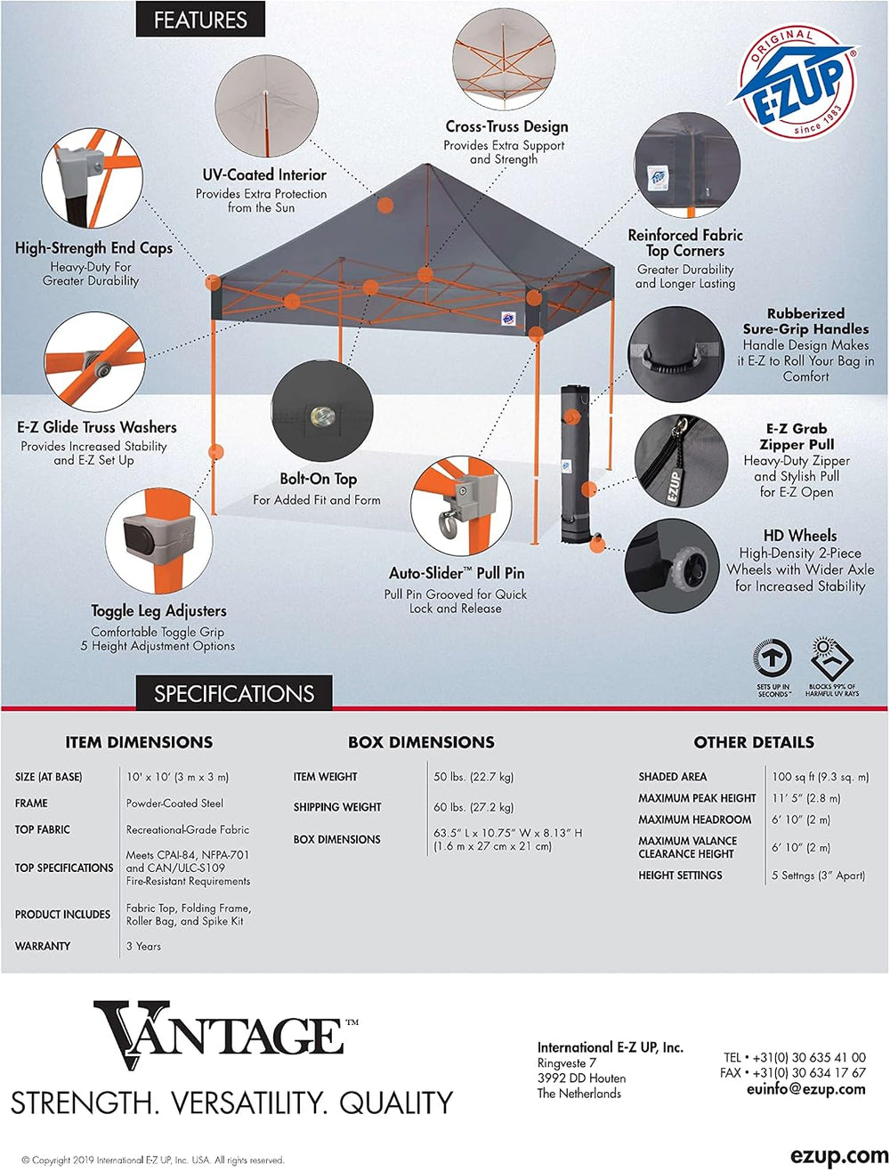 E-Z UP 10x10 Vantage Pop Up Canopy Tent, Steel Frame, Black Top, Wide-Trax Ro...