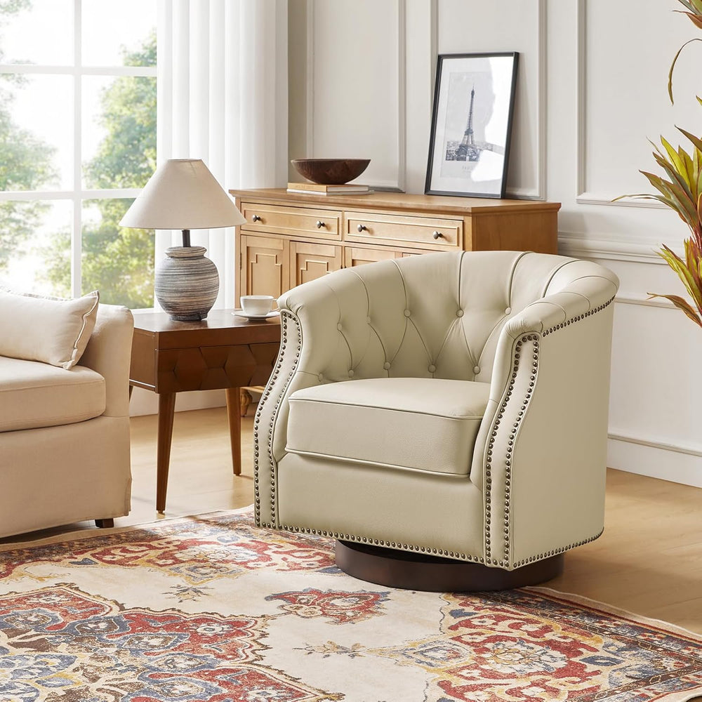 HULALA HOME Genuine Leather Swivel Rocker Chairs, Fully Assembled, Beige