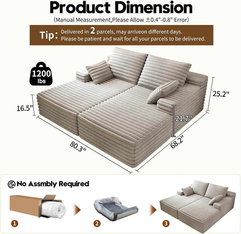 80” Oversized Double Lounge Chaise,Cloud Plush Sofa Bed,Upholstered Boneless ...