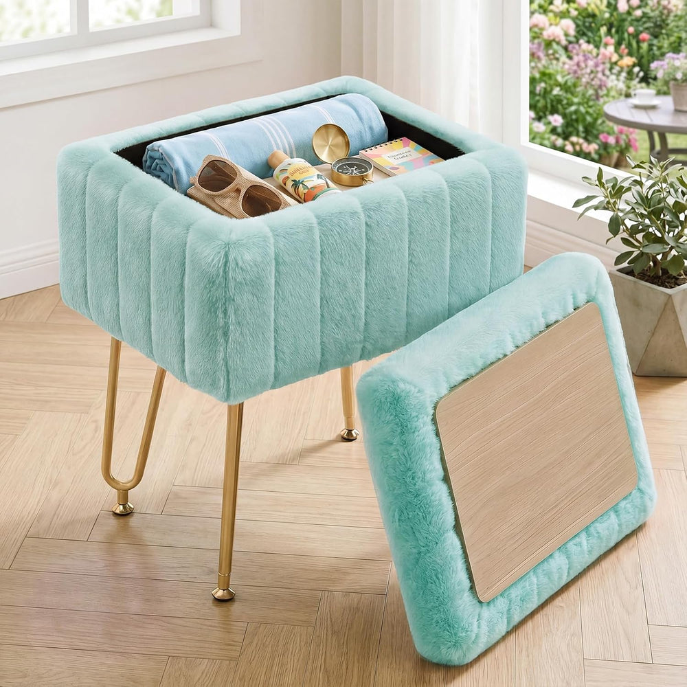 DUMOS Vanity Stool Chair with Storage, Small Ottoman Faux Fur Soft Padded Foo...