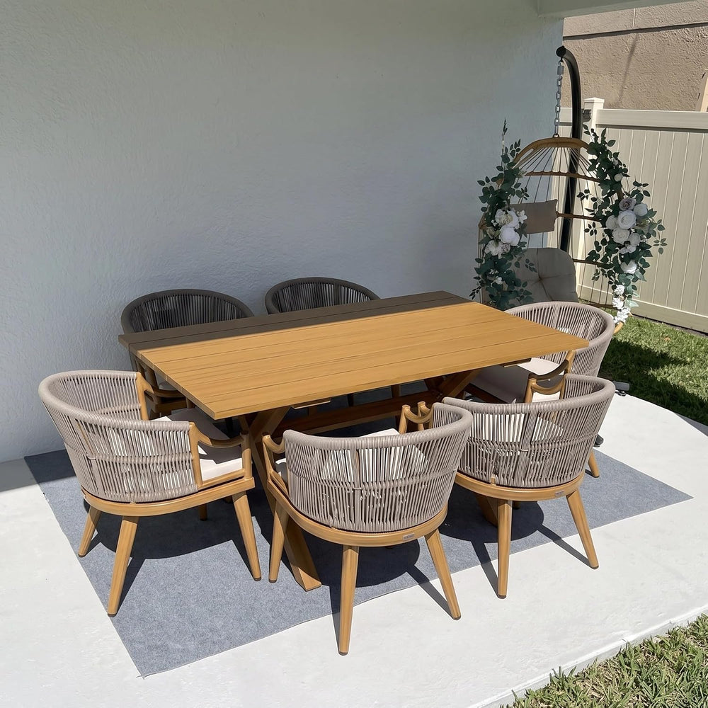 PURPLE LEAF Outdoor Dining Set for 6 Aluminum Table Set w/Cushions, Teak
