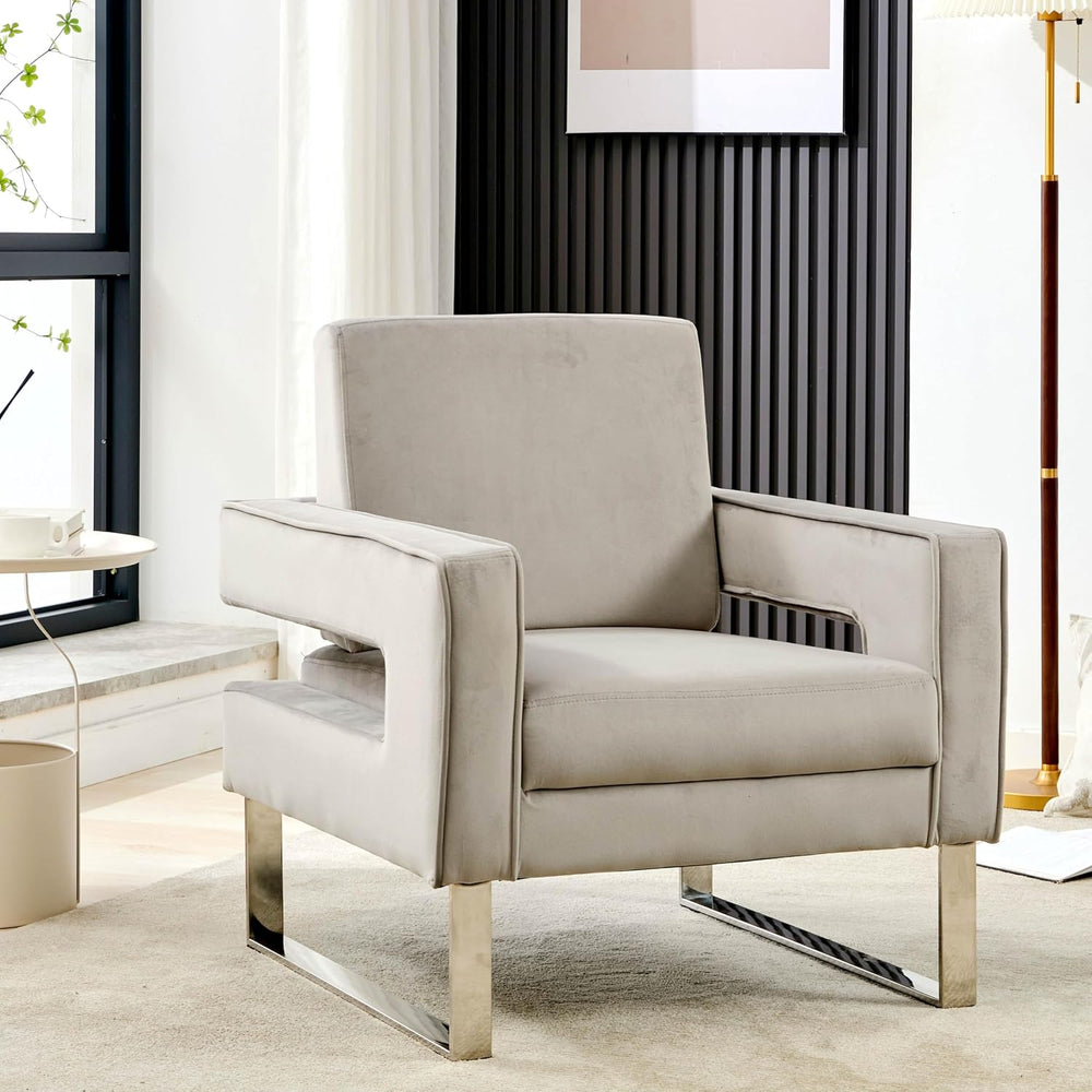 Velvet Accent Chair, Modern Armchair with Silver Base, Grey