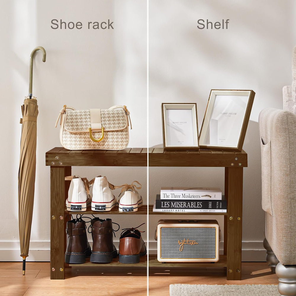 Pipishell 3 Tier Bamboo Shoe Rack Bench for Entryway, Yellow Brown