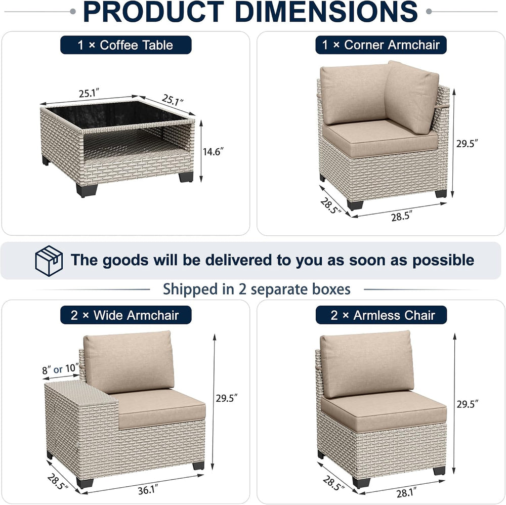 6-Piece Outdoor Patio Furniture Set, Modular Sectional Sofa Set with Glass Co...