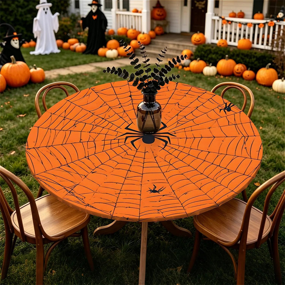 60 Inch Fall Round Waterproof Tablecloth for Dinner, Halloween Fitted Round T...