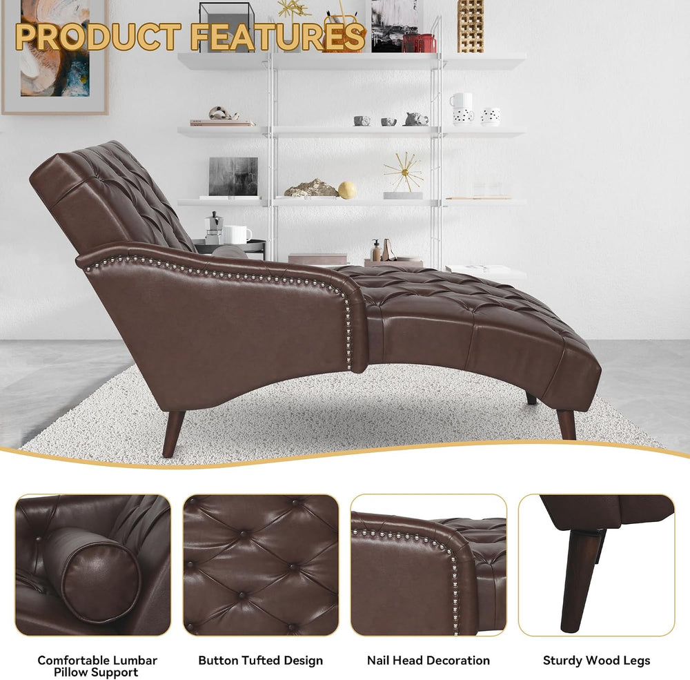 PU Leather Chaise Lounge Chair Indoor, Side Armrest, Dark Brown