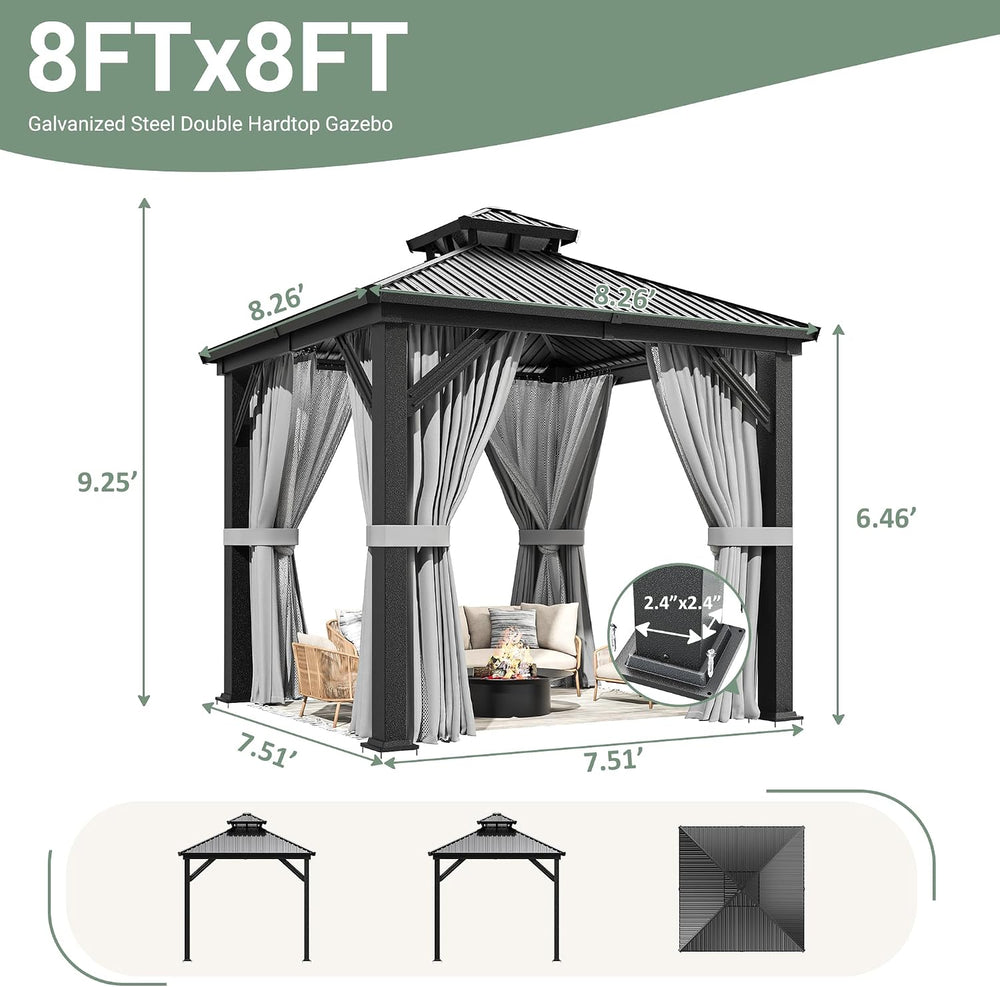 AirWire 8'x8' Hardtop Aluminum Gazebo with Curtains & Netting Dar...