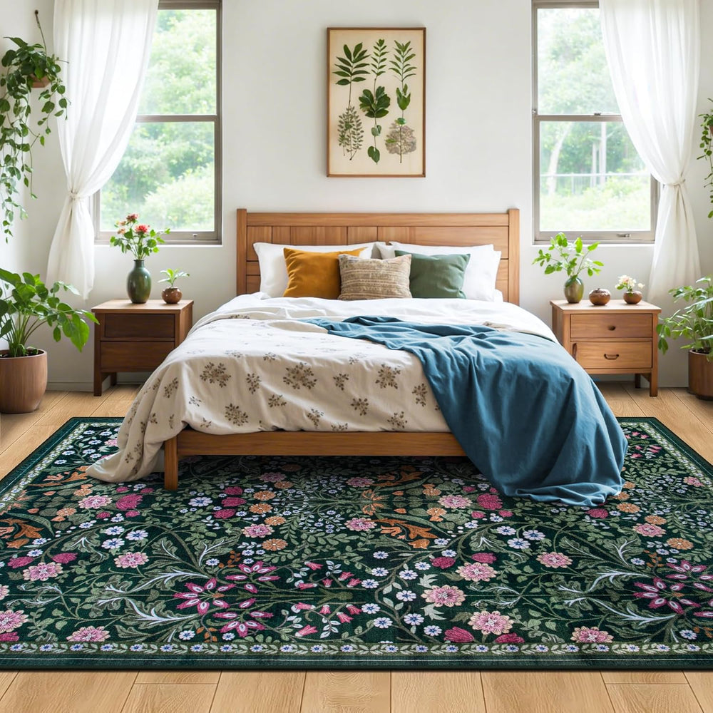 PLHXFR Area Rug 10x14 Living Room: Floral Washable Boho Carpet Dark Green