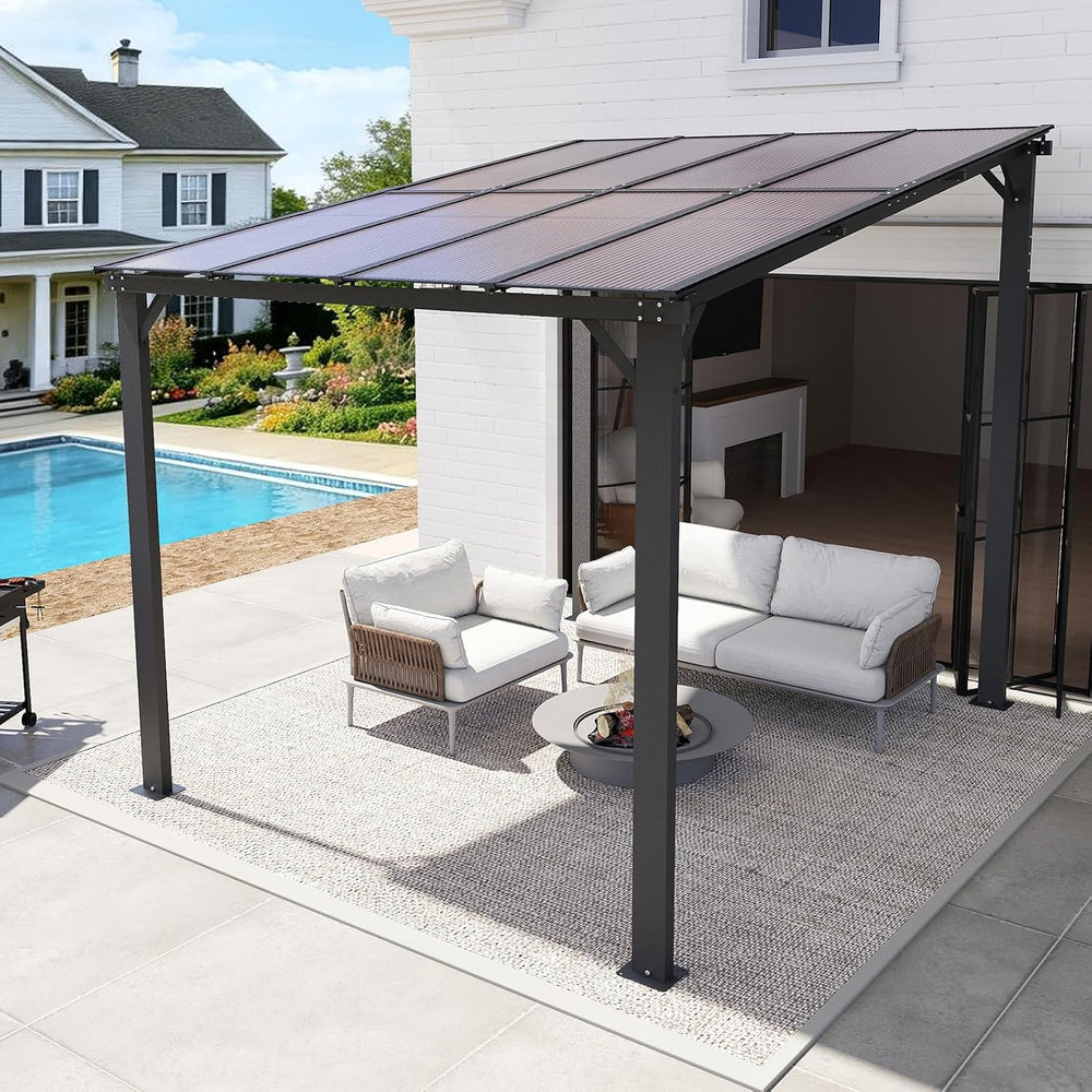 10 x 8' Wall‑Mounted Patio Pergola Gazebo w/Sloped Roof Hardtop