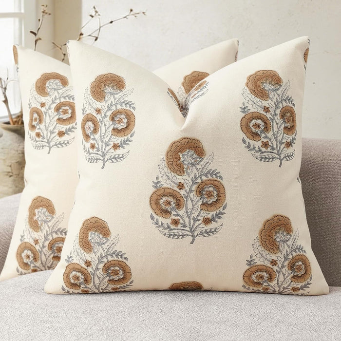 Vintage Floral Print Fall Pillow Covers 20x20 Set of 2 Patterned Accent Decorative Cushion Covers Modern Farmhouse Throw Pillow Covers for Sofa Couch Chair Bed Living Room Home Decor, Cognac Brown