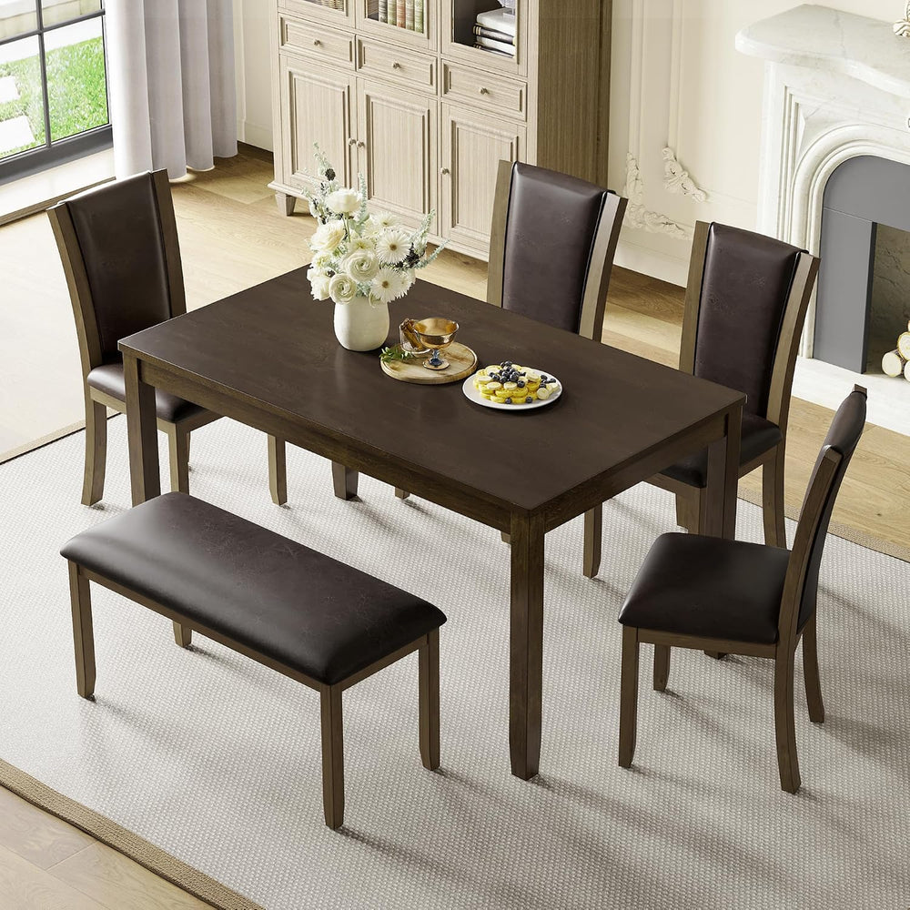 6-Piece Dining Table Set with Bench & 4 Chairs, Solid Wood, Dark Walnut