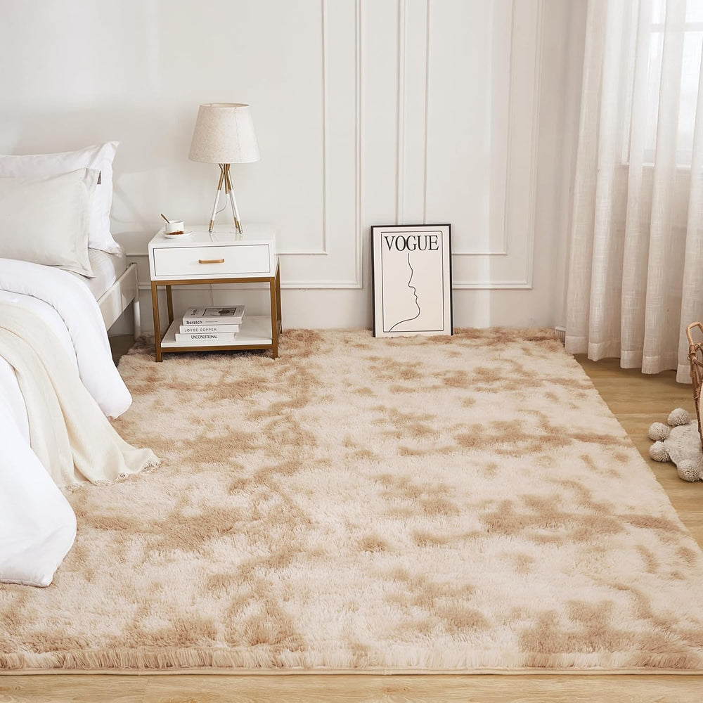 Litanika 6x9 Shag Area Rug for Bedroom, Tie-Dyed Beige Plush Rug
