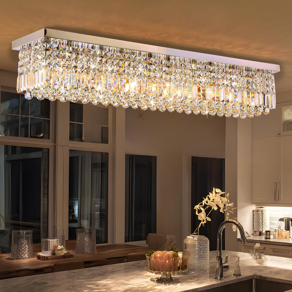 12-Lights Crystal Chandeliers Modern Crystal Rectangular Flush Mount Chandeli...