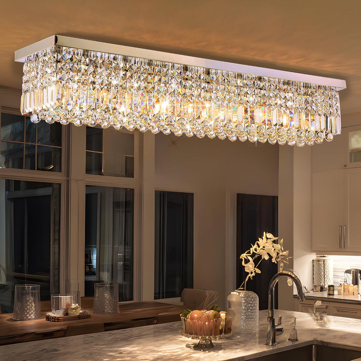 12-lights crystal chandeliers modern crystal rectangular flush mount, main product view